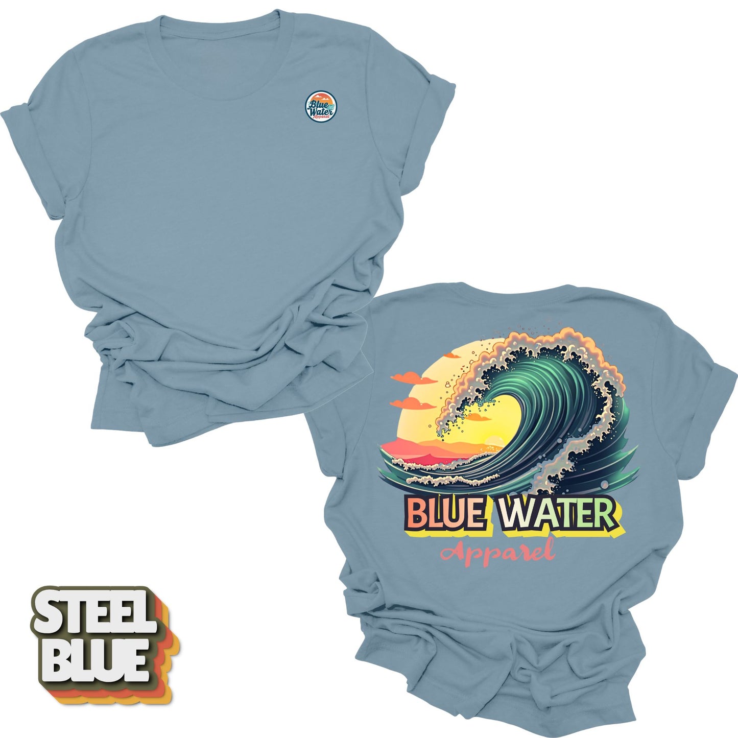 Flat lay Vintage Surf tee back graphic in Steel Blue by Blue Water Apparel