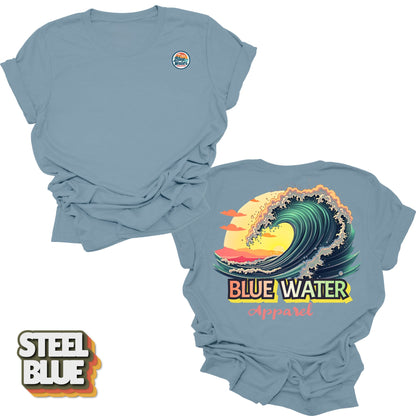 Flat lay Vintage Surf tee back graphic in Steel Blue by Blue Water Apparel