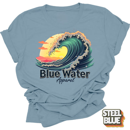front graphic vintage surf tee in steel blue by blue water apparel