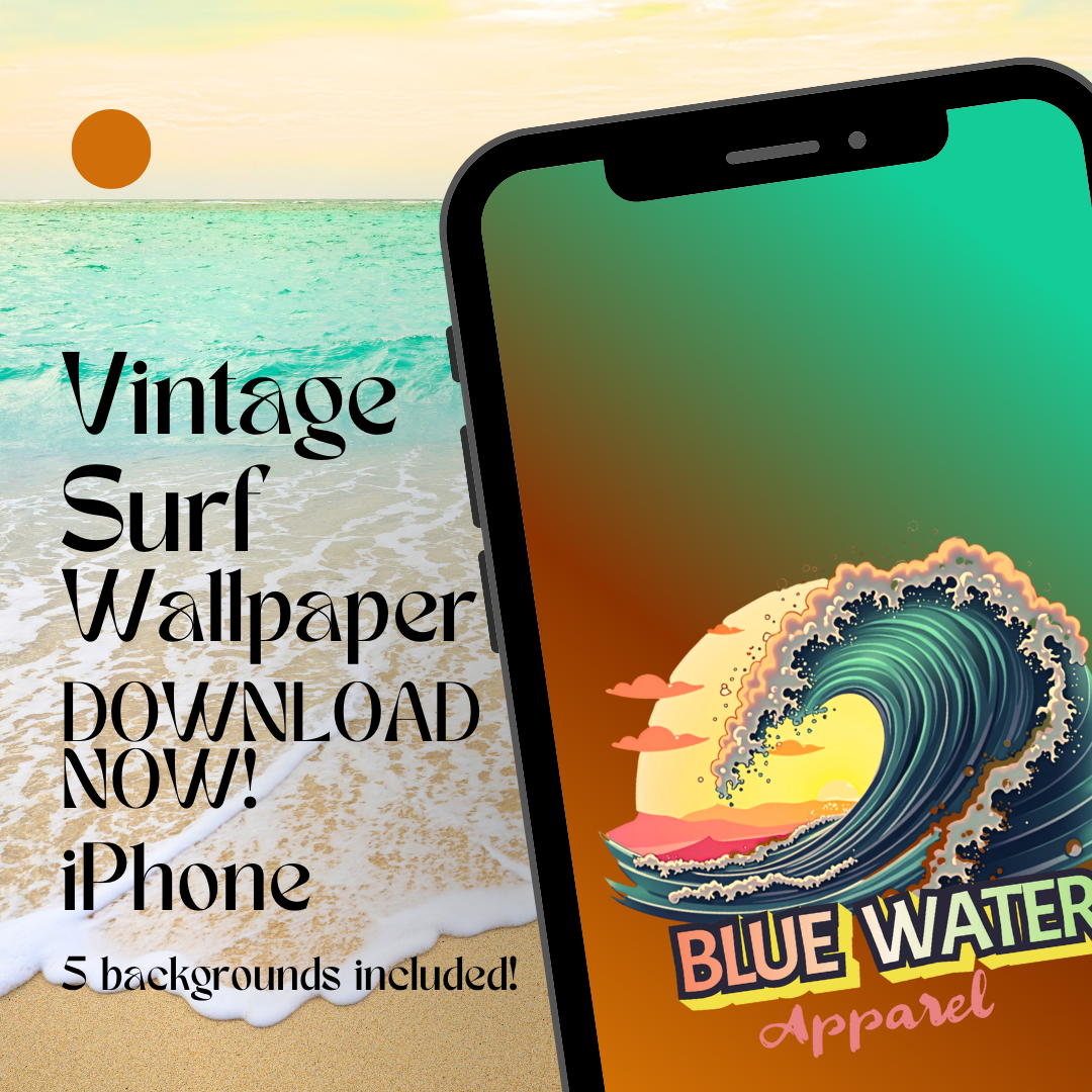 Vintage Surf iPhone wallpaper mockup with beach background by blue water apparel