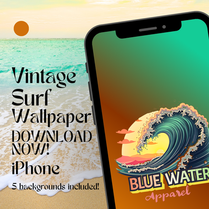 Vintage Surf iPhone wallpaper mockup with beach background by blue water apparel
