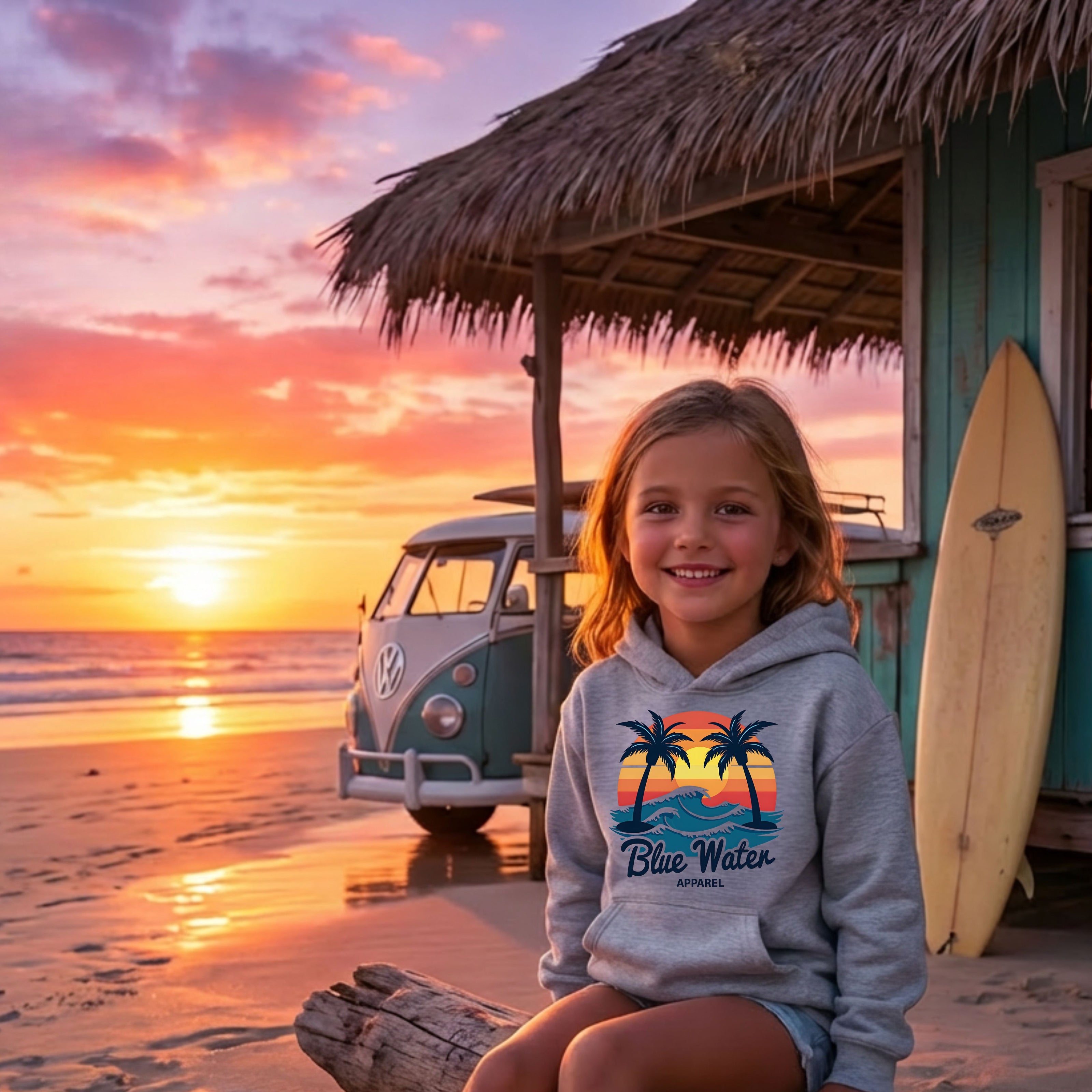 child wearing sport grey vintage sunset kids hoodie near surf shack on beach by blue water apparel