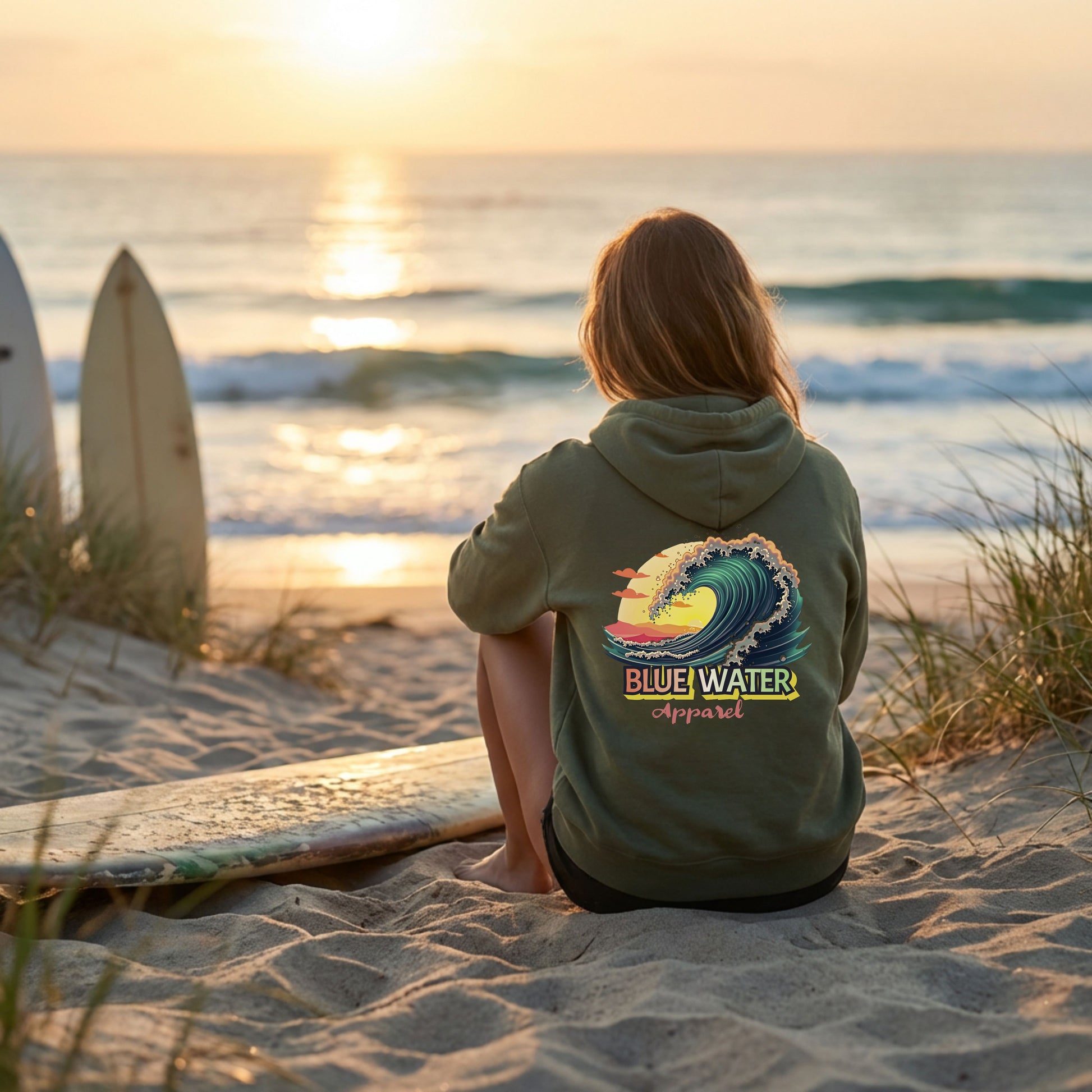 woman wearing military green vintage surf hoodie sitting on beach with surfboards by blue water apparel