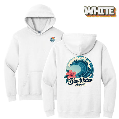flat lay white hibiscus wave hoodie by blue water apparel