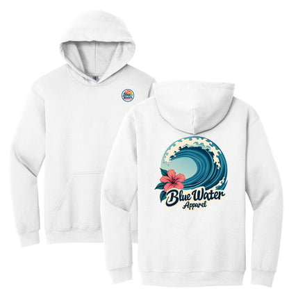 flat lay white hibiscus wave hoodie by blue water apparel