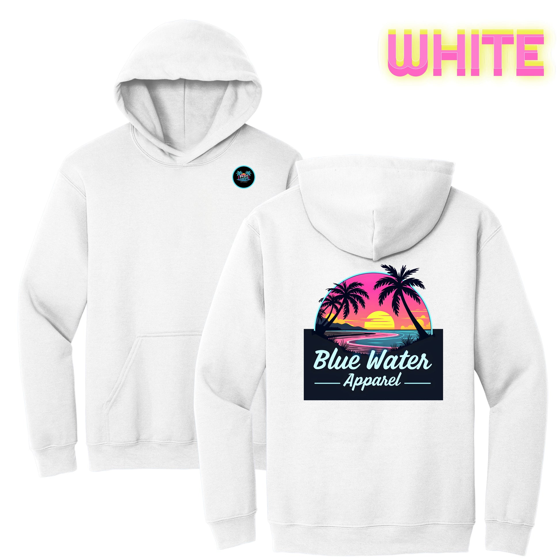 flat lay white neon sunset hoodie by blue water apparel