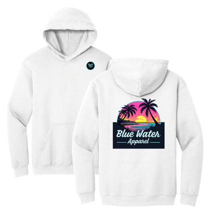 flat lay white neon sunset hoodie by blue water apparel