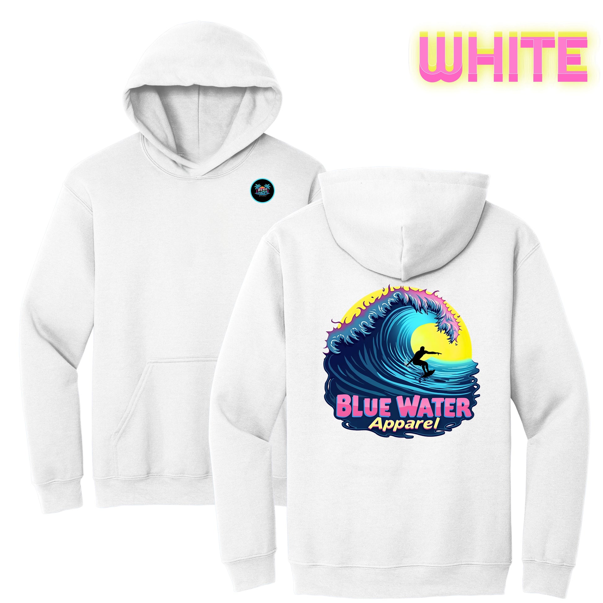 flat lay white neon surfer hoodie by blue water apparel