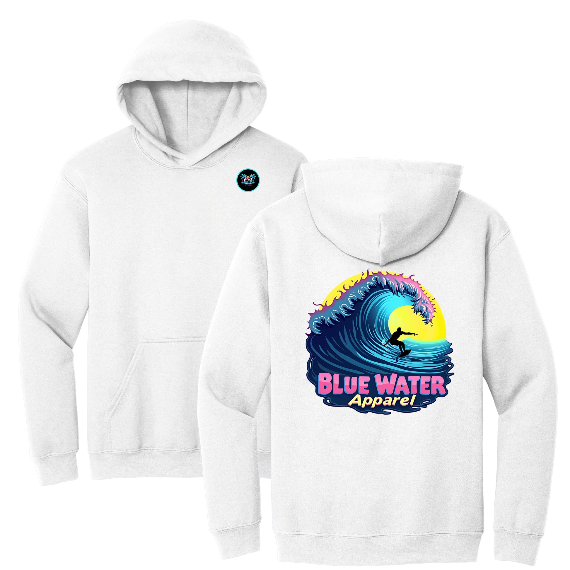 flat lay white neon surfer hoodie by blue water apparel