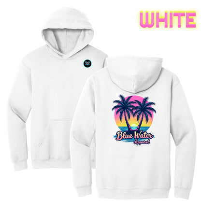 flat lay white neon tropics hoodie by blue water apparel