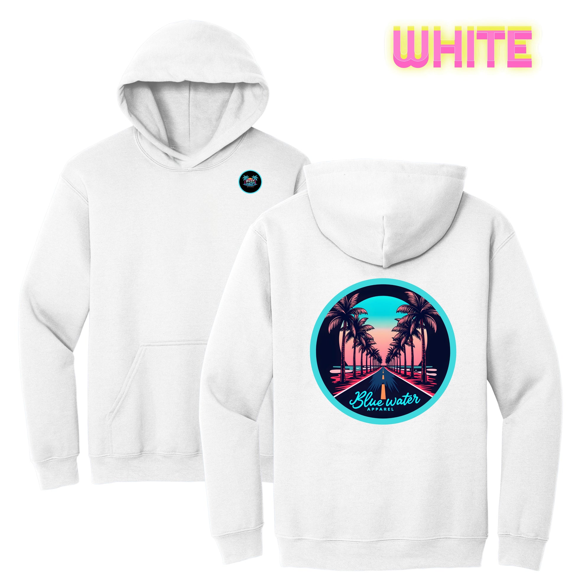 flat lay white palm tree road hoodie by blue water apparel
