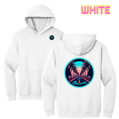 flat lay white palm tree road hoodie by blue water apparel