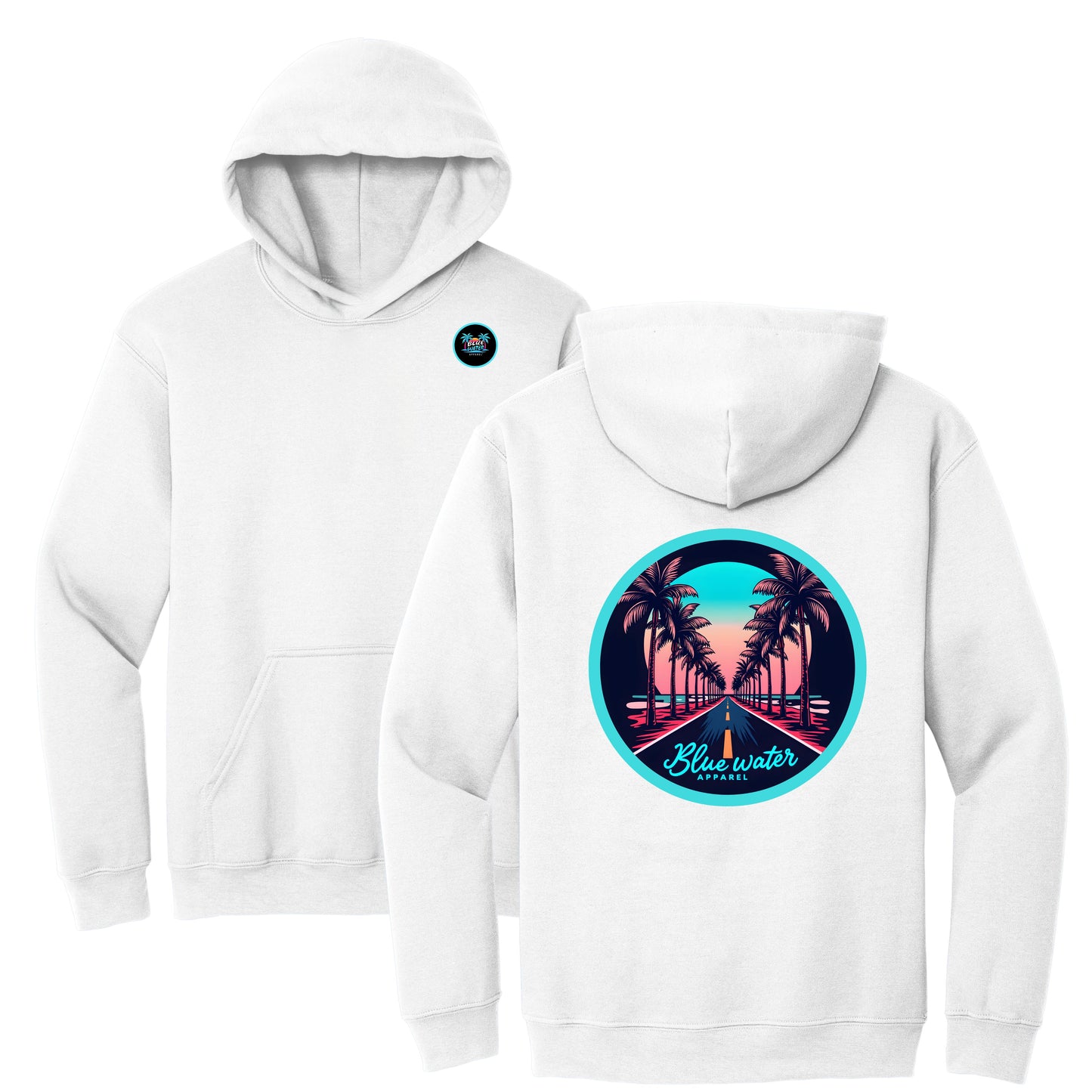 flat lay white palm tree road hoodie by blue water apparel