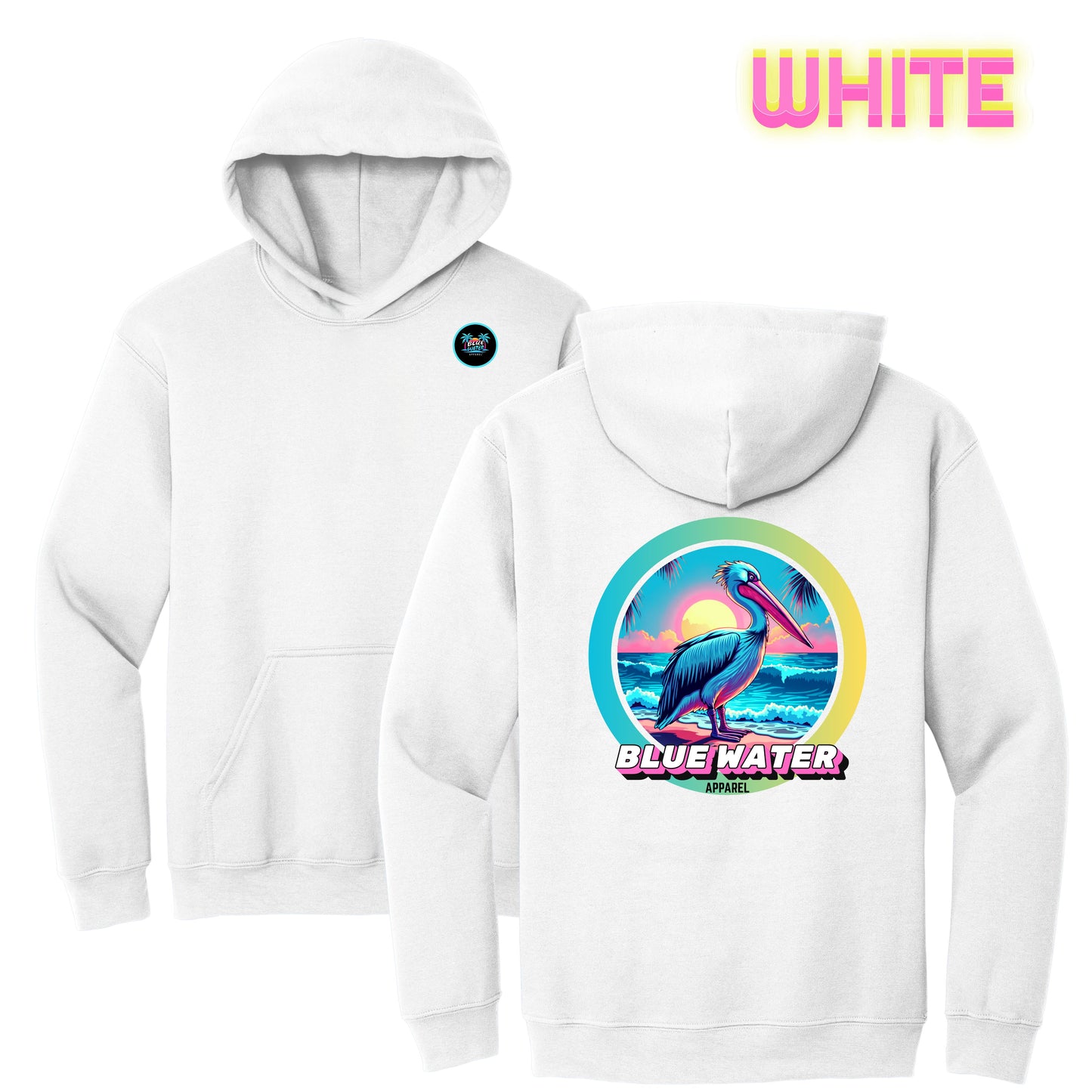 flat lay white retro pelican hoodie by blue water apparel