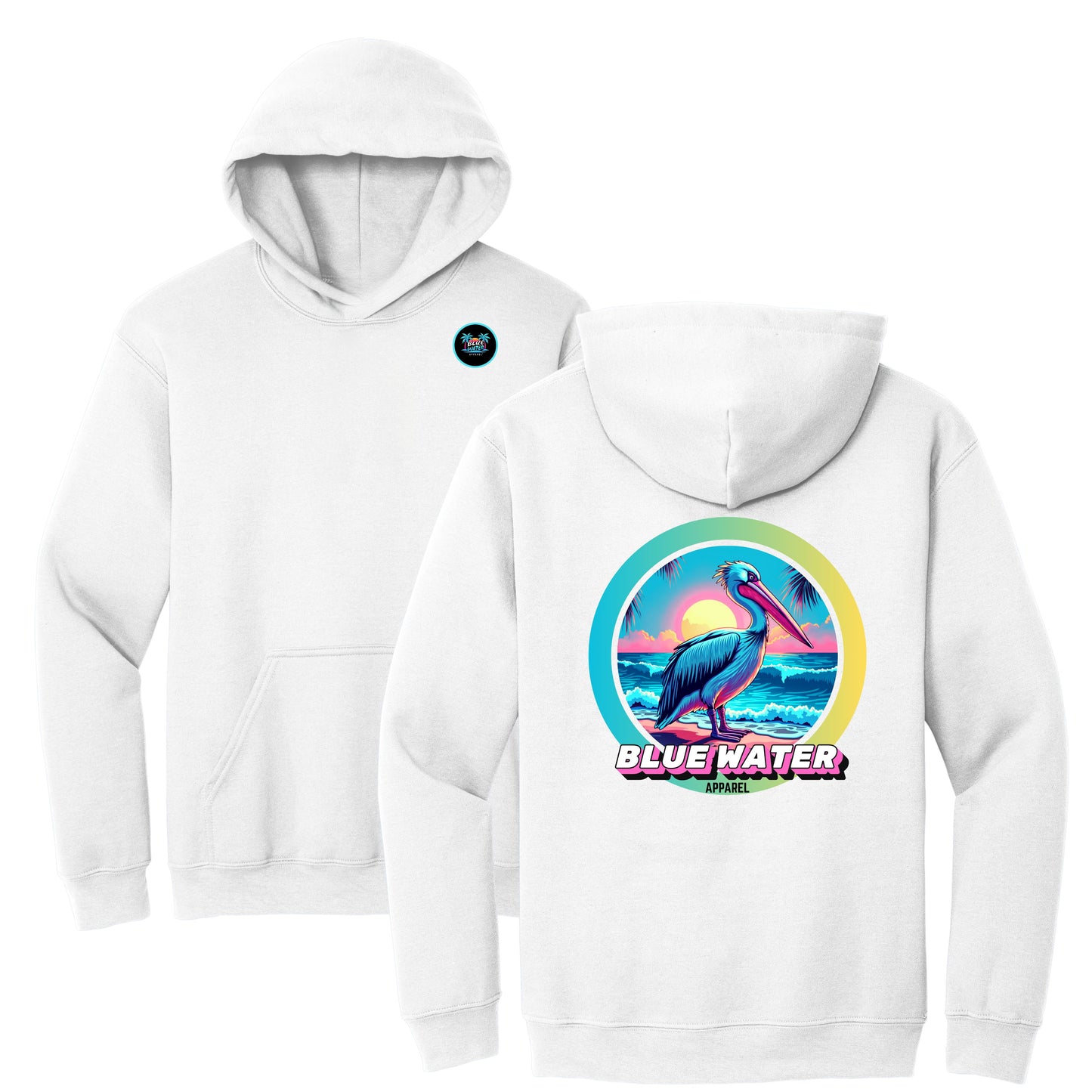 flat lay white retro pelican hoodie by blue water apparel