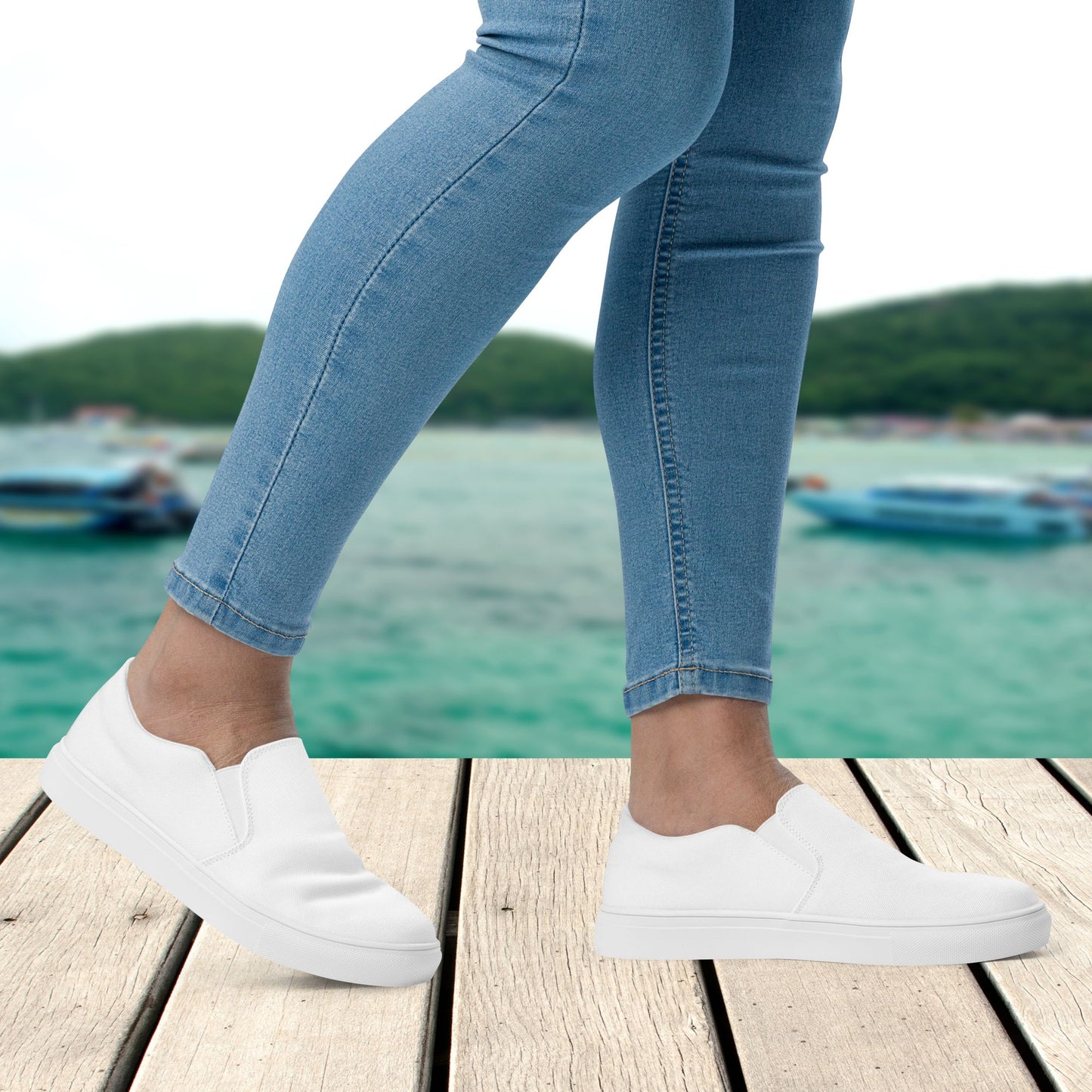 White Women’s Slip-On Canvas Shoes to Match Our Retro Collection T-Shirts and Hooded Sweatshirts!