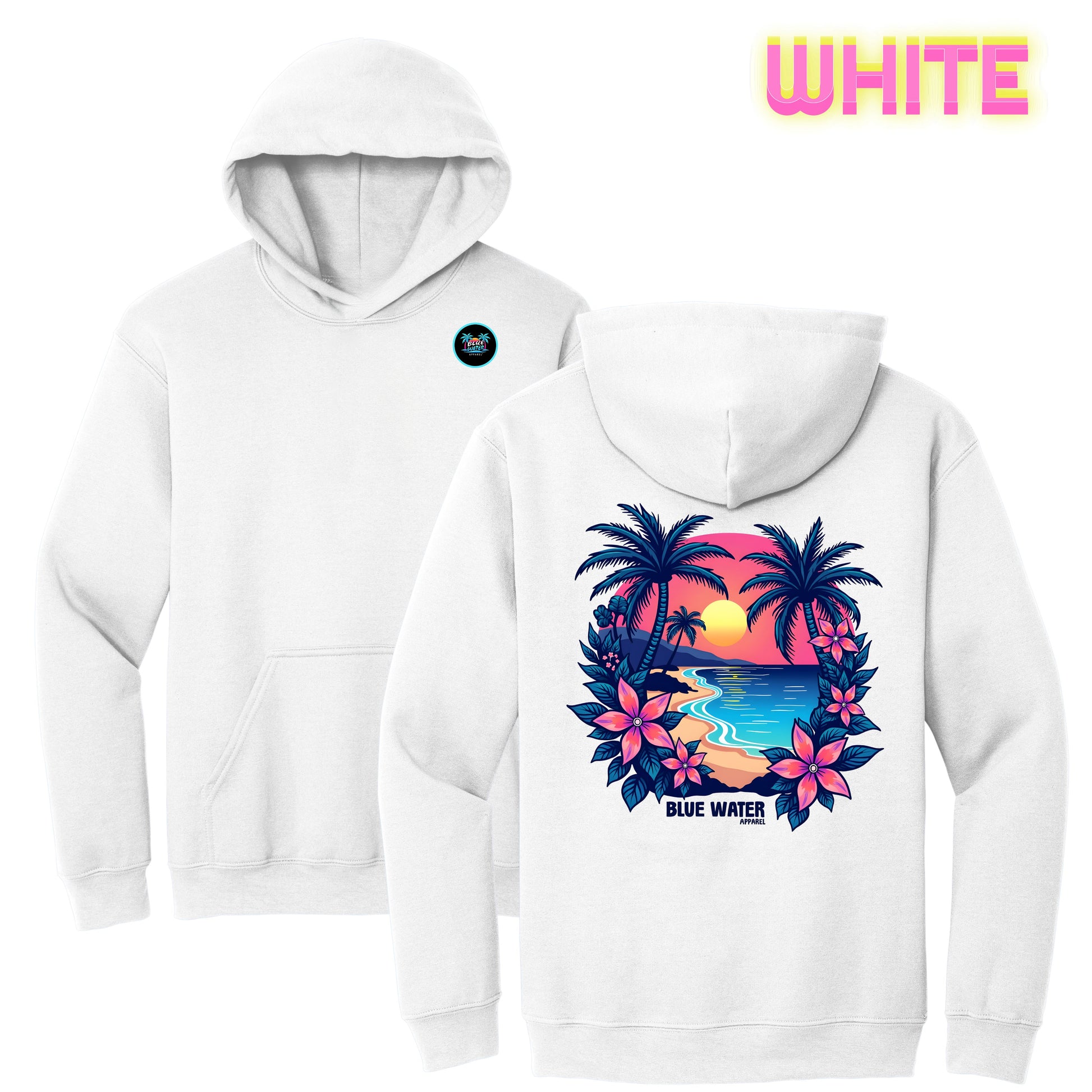 flat lay white tropical sunset hoodie by blue water apparel
