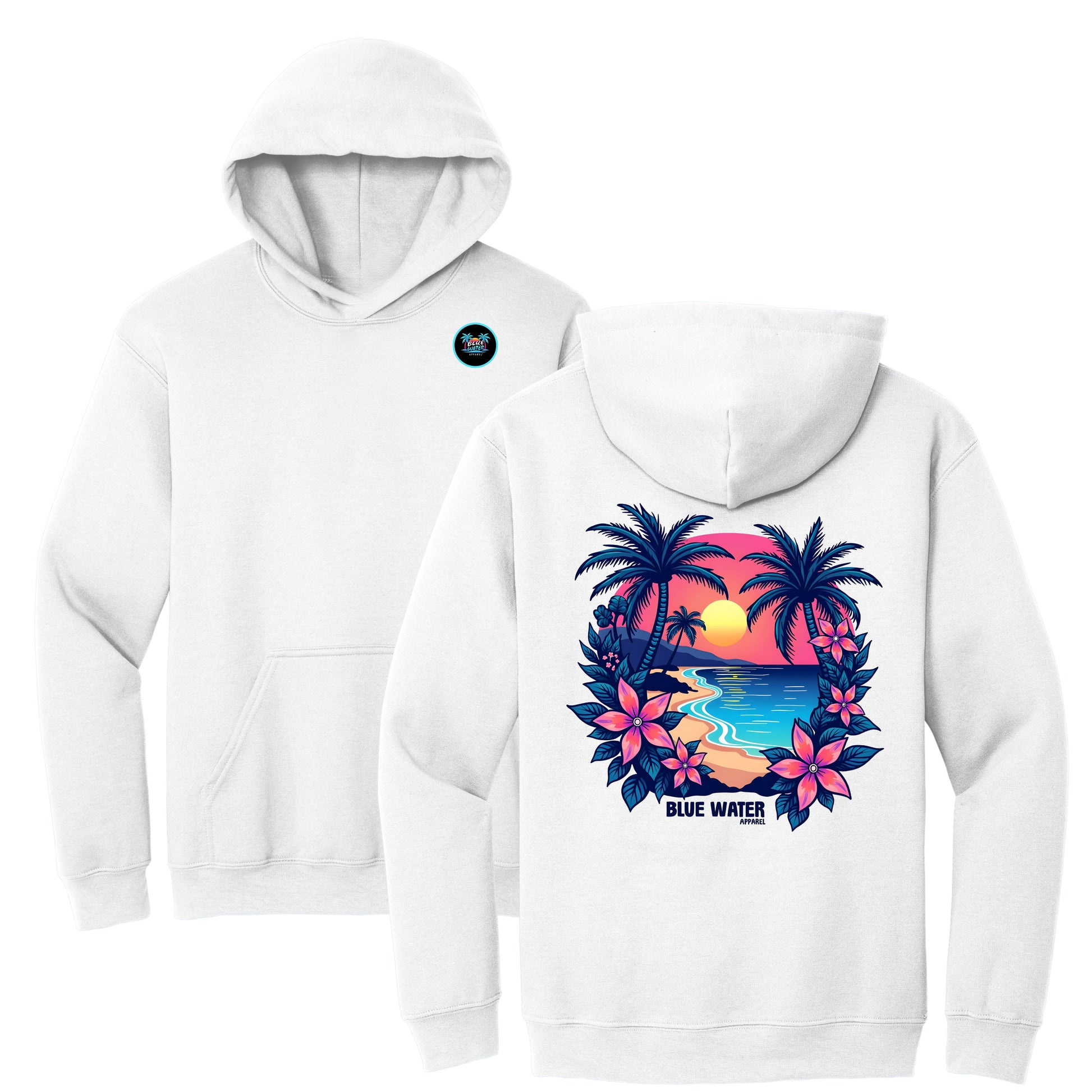 flat lay white tropical sunset hoodie by blue water apparel