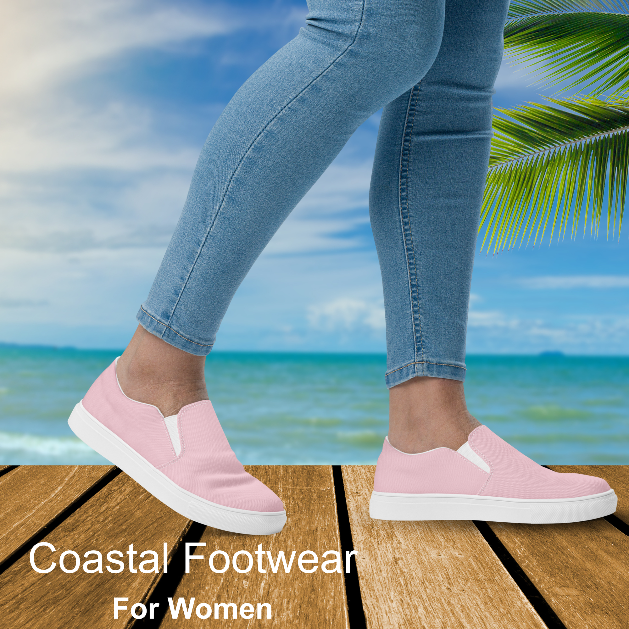 woman on pier wearing pink handmade slip on canvas shoes with an ocean background by blue water apparel