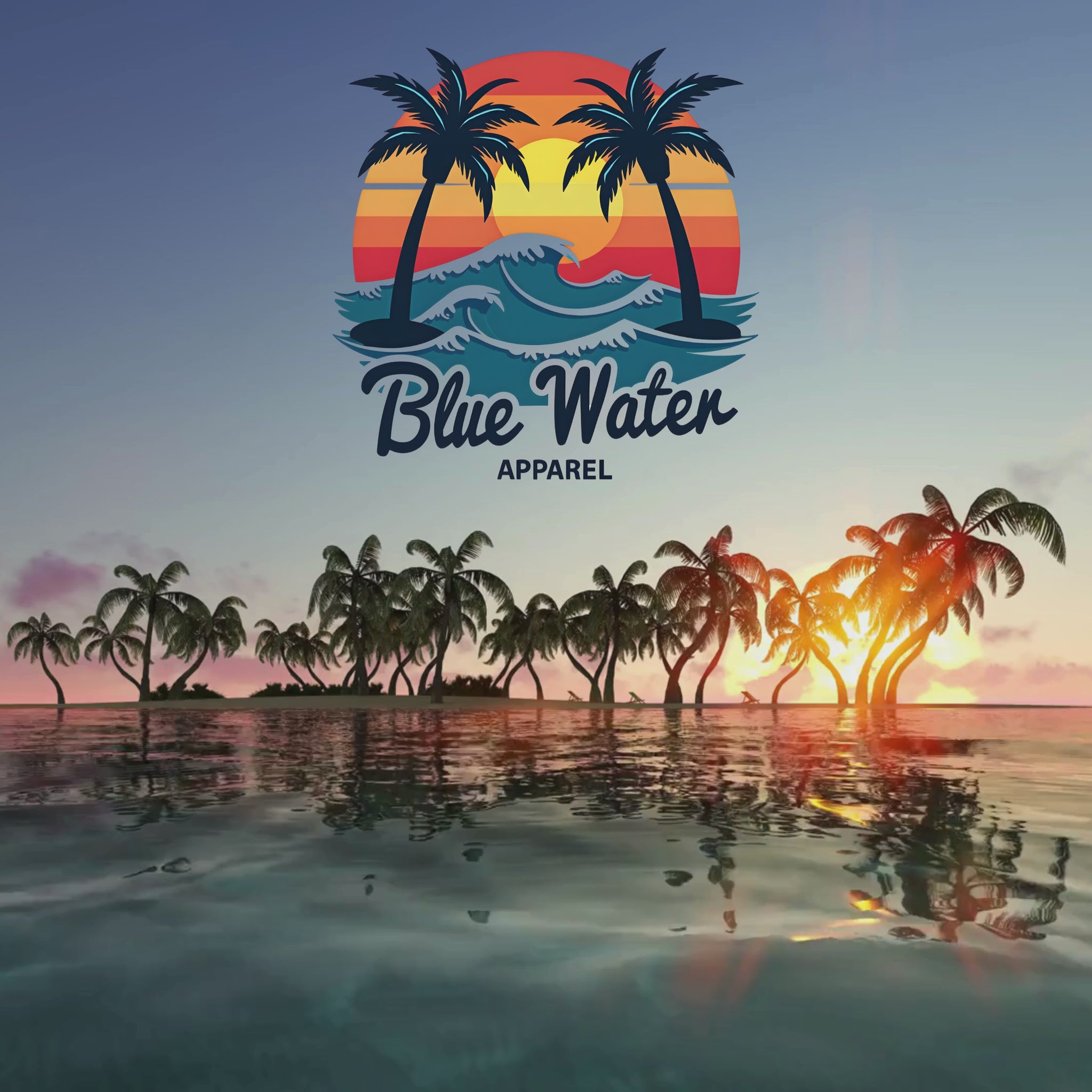 Music video for featuring a palm tree island with sun and the Vintage Sunset graphic by Blue Water Apparel