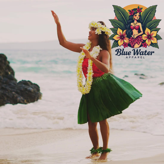 music video of hula girl dancing on beach featuring island girl graphic by blue water apparel