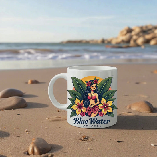 video of island girl coffee mug sitting on beach by blue water apparel