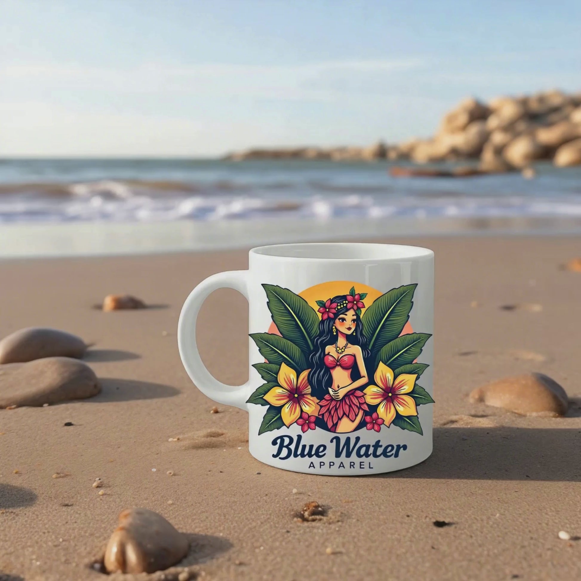 video of island girl coffee mug sitting on beach by blue water apparel