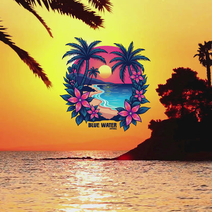 waves lapping on shore and tropical sunset graphic by blue water apparel