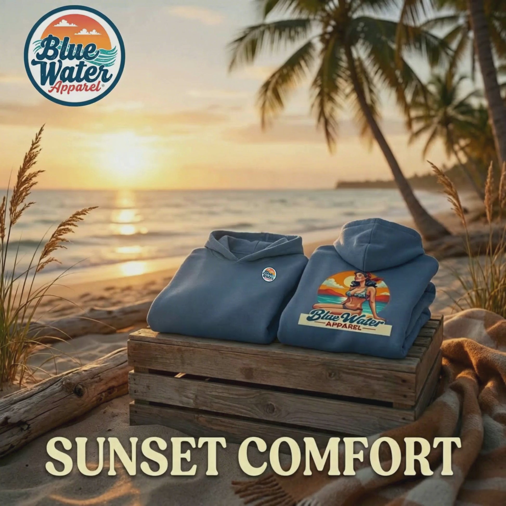 Vintage Pin-Up indigo blue hoodie beach video with waves by Blue Water Apparel