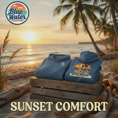 Vintage Pin-Up indigo blue hoodie beach video with waves by Blue Water Apparel