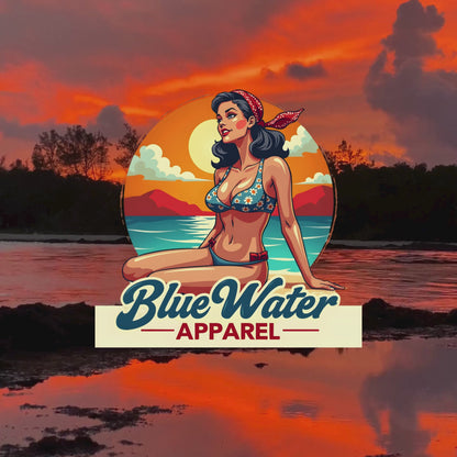 waves lapping on shore with orange sunset featuring vintage pin-up graphic by blue water apparel