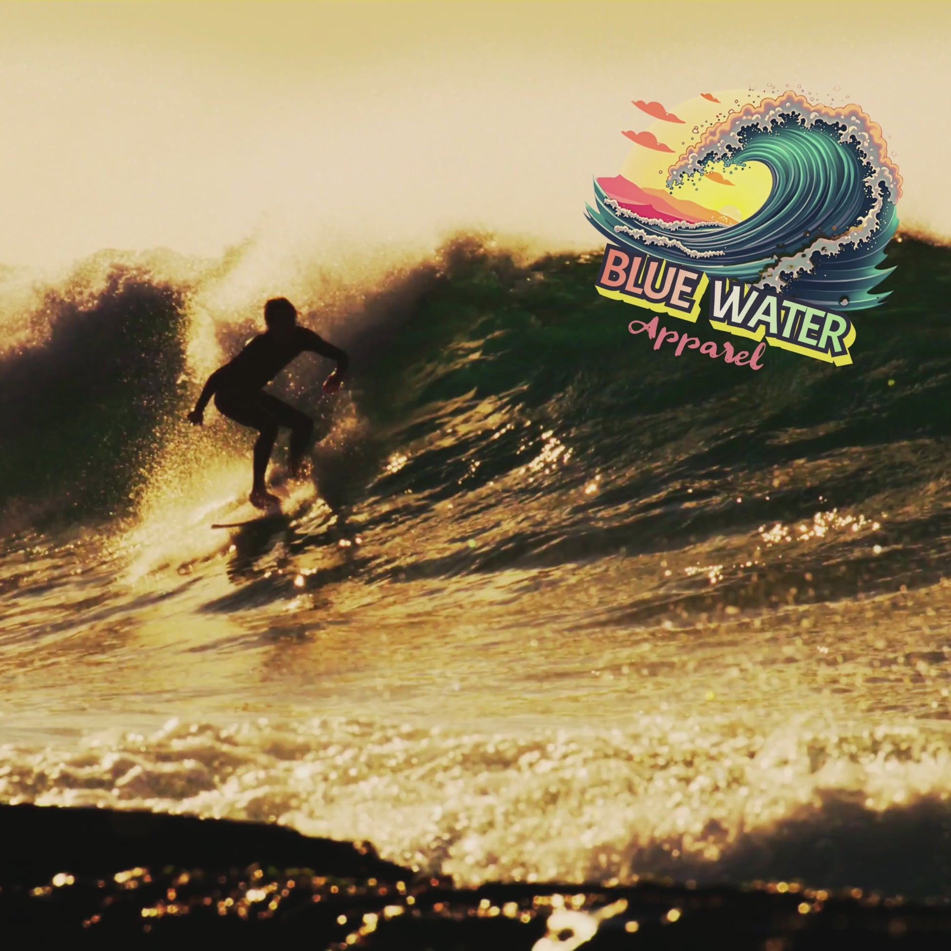 Music video of man surfing featuring the vintage surf graphic by blue water apparel