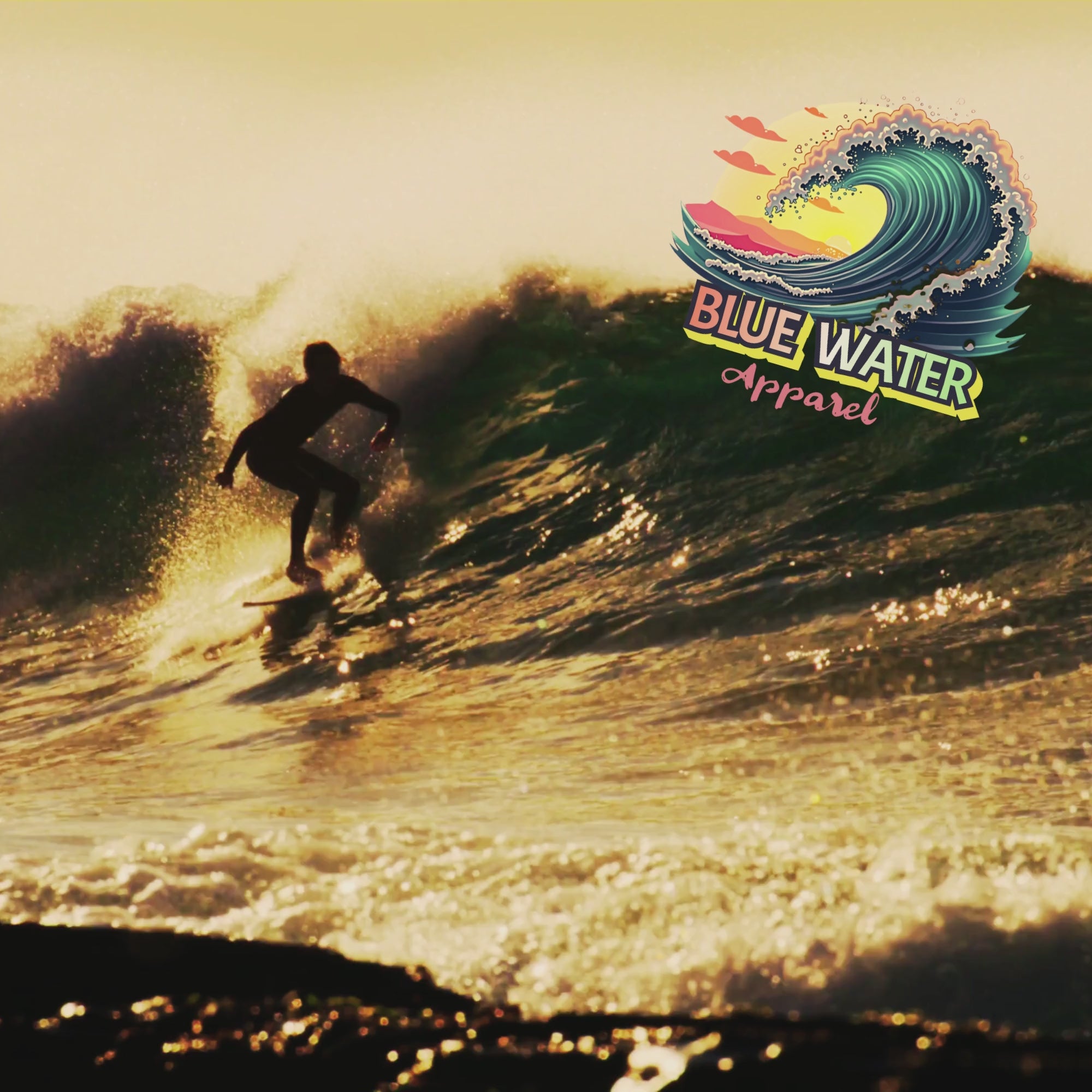 Music video of man surfing featuring the vintage surf graphic by blue water apparel