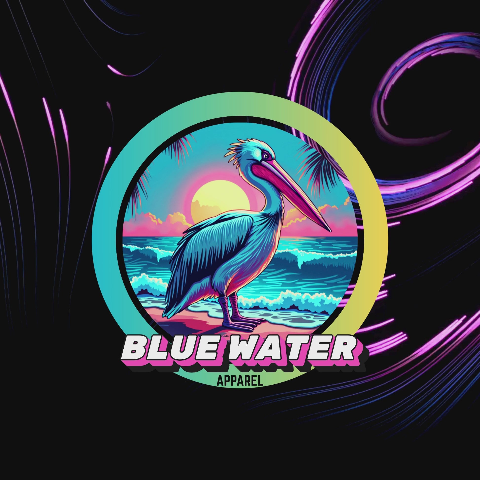 music video with swirls featuring the retro pelican graphic by blue water apparel