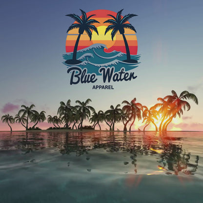 tropical music video of palm tree island featuring vintage sunset graphic by blue water apparel