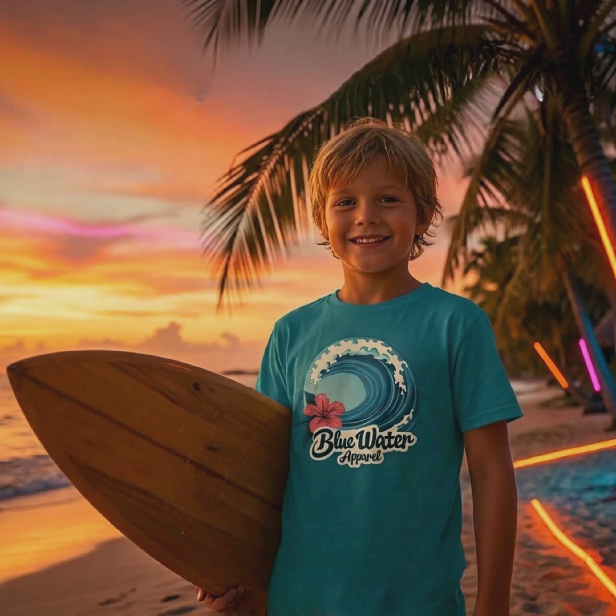 music video of child on beach holding surfboard wearing tropical blue hibiscus wave kids tee by blue water apparel