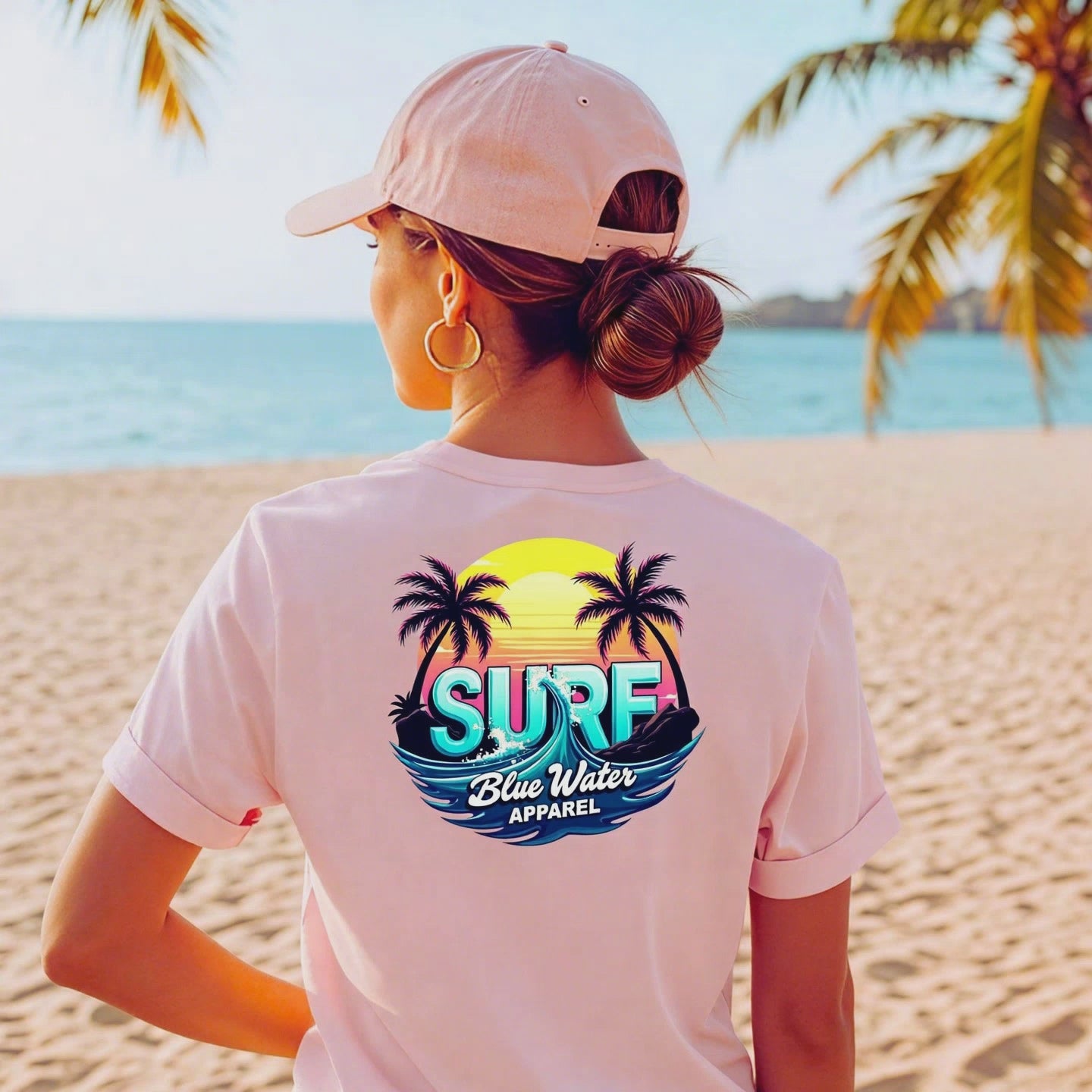 video of female model wearing light pink retro wave adult tee on beach by blue water apparel