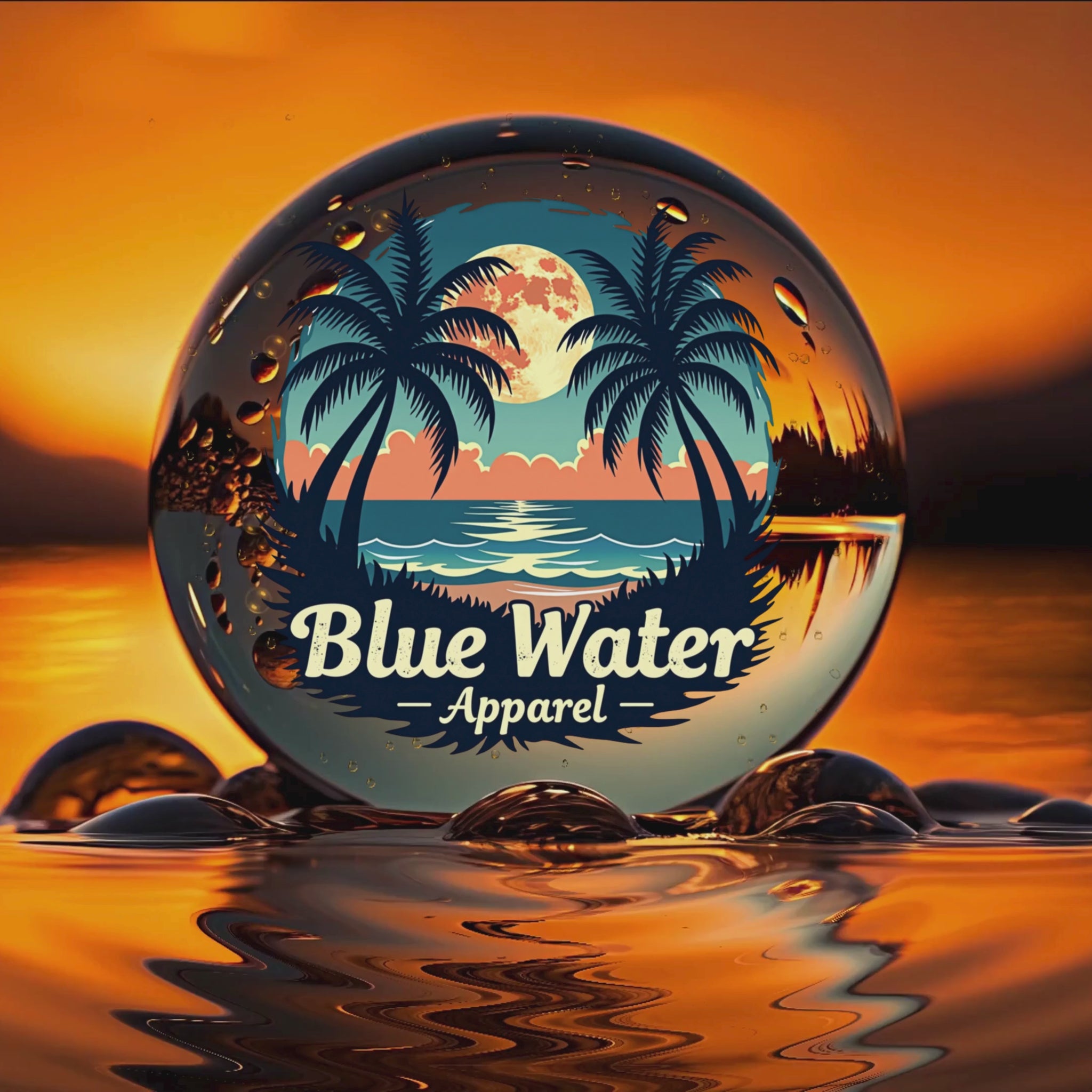music vide of tropical moon graphic in crystal ball on the water by blue water apparel