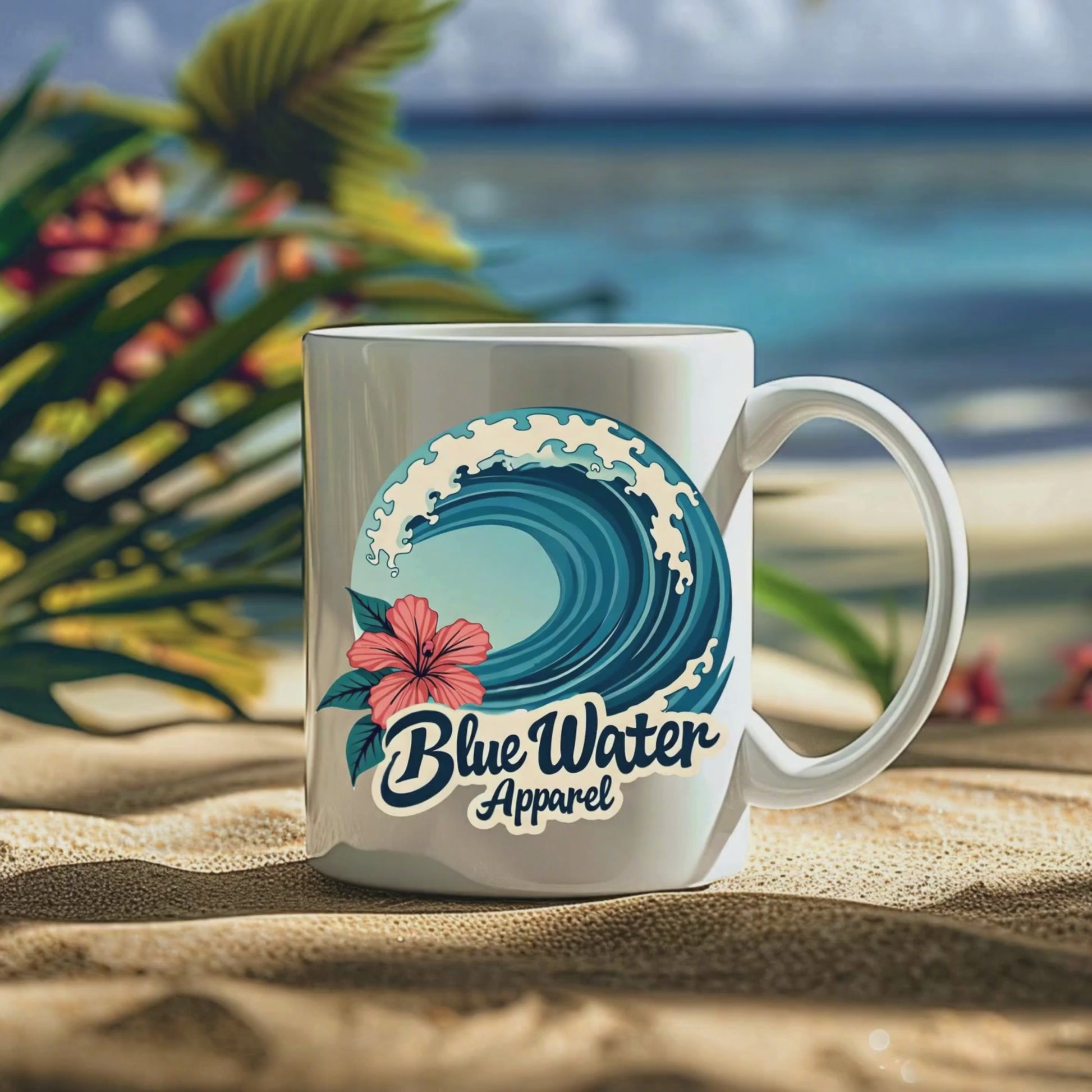 hibiscus wave coffee mug on beach with beach background sounds by blue water apparel