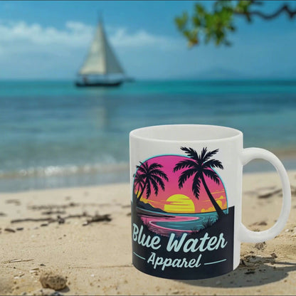 Neon sunset mug on beach with beach sounds by blue water apparel
