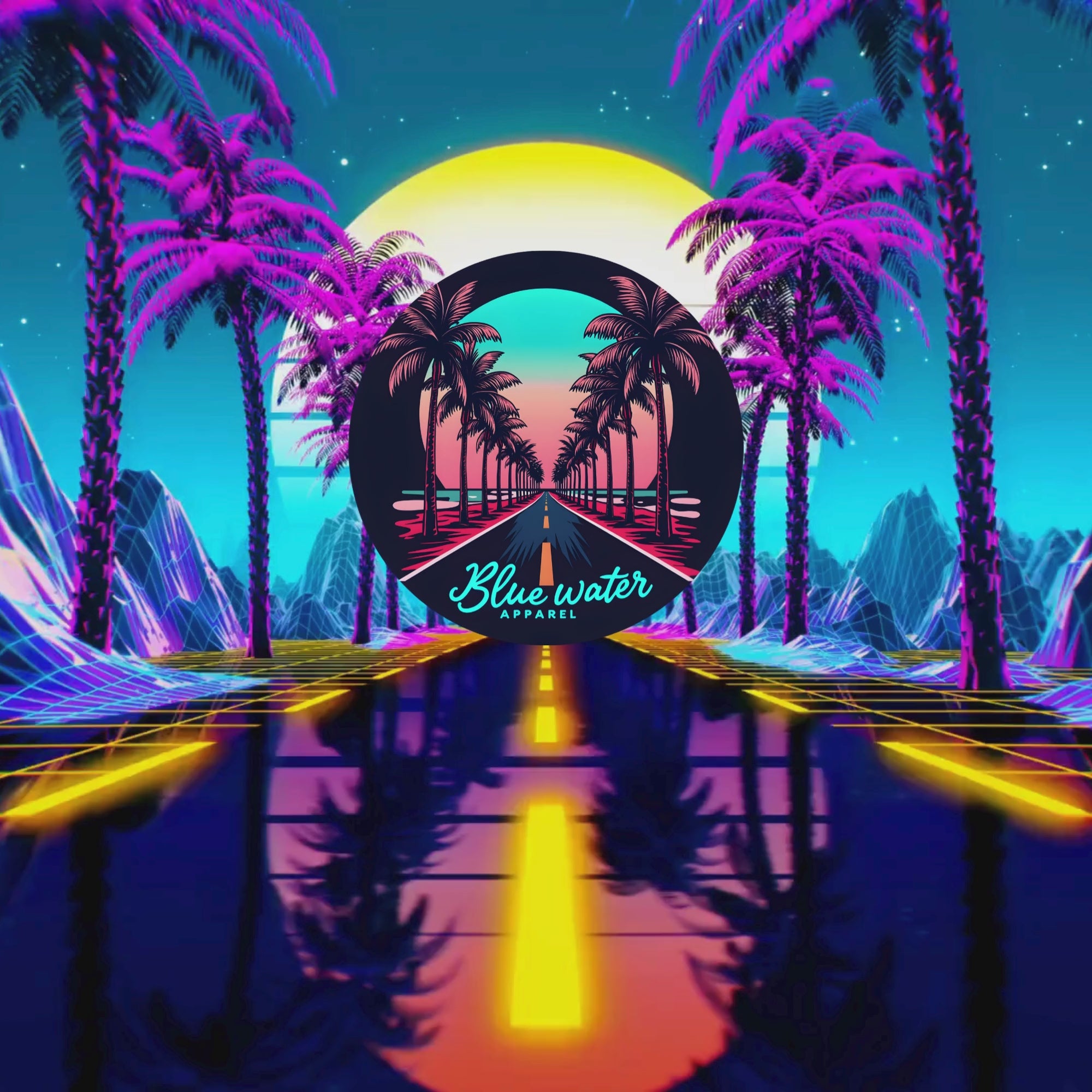 music video of neon highway palm tree road graphic by blue water apparel