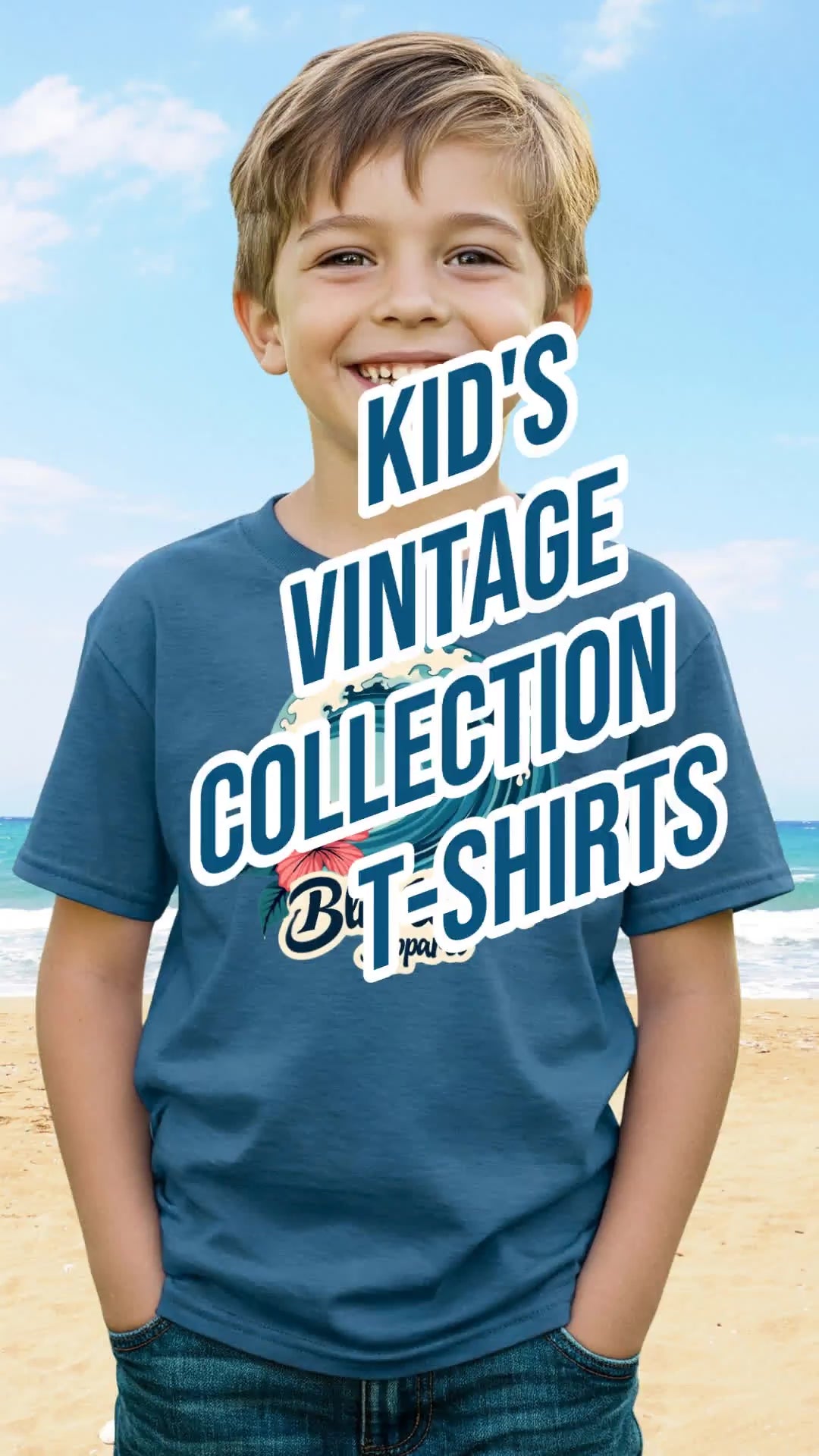 Video of kid's vintage collection tshirts by blue water apparel with music