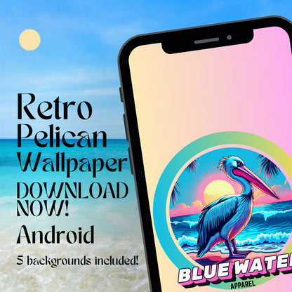 Retro Pelican android wallpaper with beach background by blue water apparel